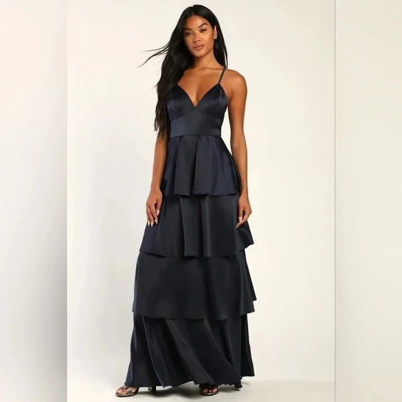 Lulus Going with Elegance Navy Blue Satin Tiered Gown Wedding Party Guest Formal - Picture 2 of 11